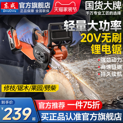 东成充电式电锯家用小型手持大功率锂电池大容量链条伐木锯树神器
