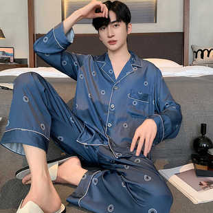 冰丝男睡衣夏季2024新款长袖薄款丝绸男家居服大码套装短袖蓝色