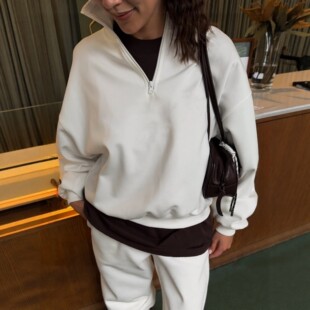 半开领长袖卫衣长裤休闲运动套装oversize套头衫系带卫裤两件套女