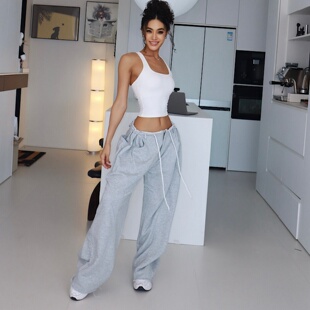 美式辣妹低腰休闲慵懒风抽绳阔腿运动卫裤女宽松垂感拖地长裤拼接