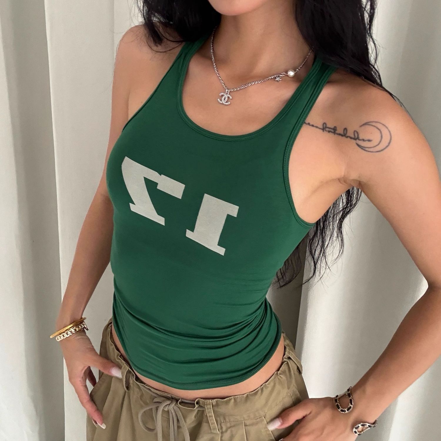 美式辣妹百搭修身复古数字印花小吊带运动背心女纯棉上衣高弹外穿