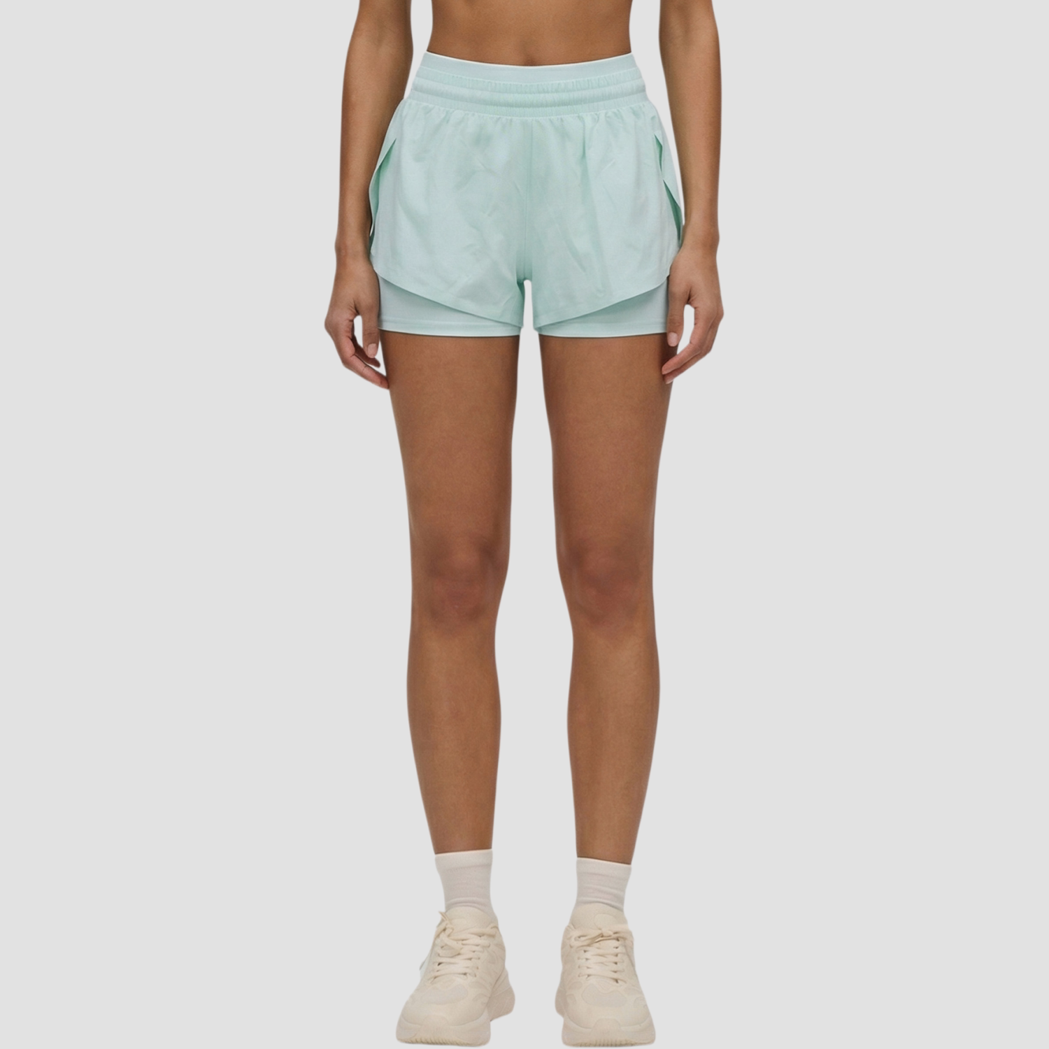 假两件运动短裤女双腰头防走光凉感口袋瑜伽短裤高腰紧身健身热裤