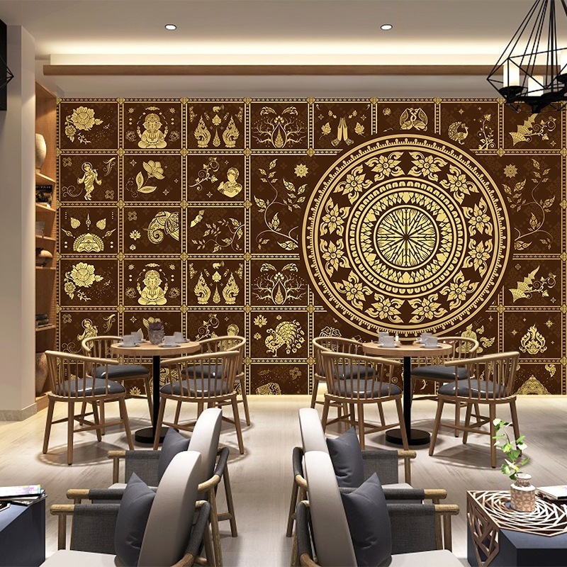泰国壁纸泰式民族花纹东南亚风情装饰壁画餐厅按摩瑜伽馆背景墙纸图片