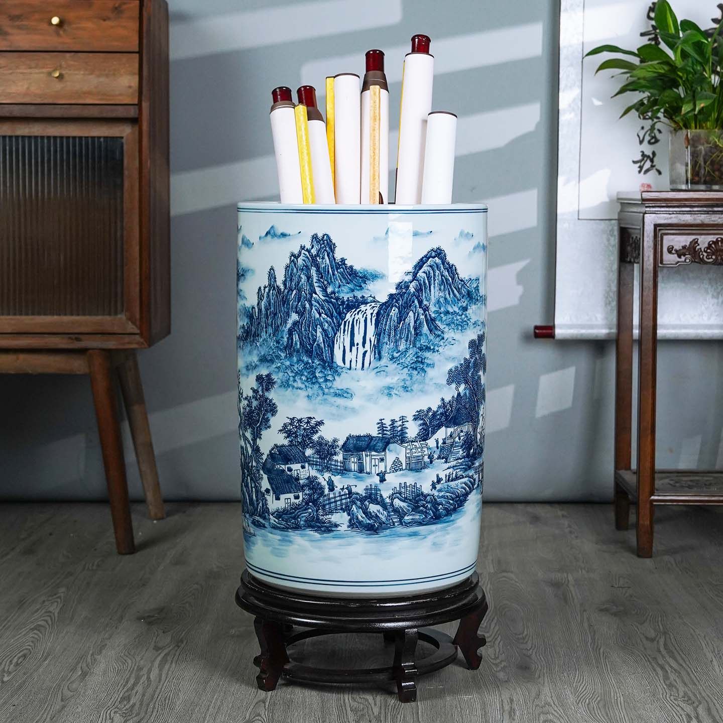 景德镇陶瓷高端青花瓷书画卷轴缸花瓶客厅书房字画收纳桶落地摆件