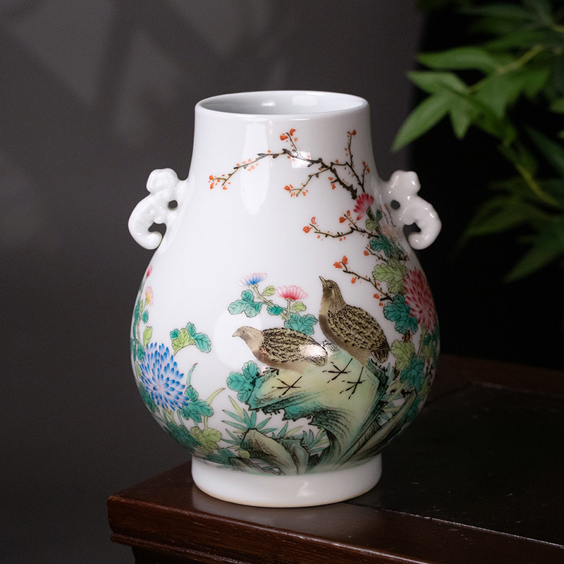 景德镇陶瓷高档手绘花瓶仿古双耳福筒瓶中式客厅玄关装饰插花摆件