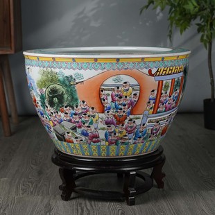 景德镇手绘粉彩鱼缸陶瓷大号睡莲荷花盆客厅书画缸仿古风水缸摆件