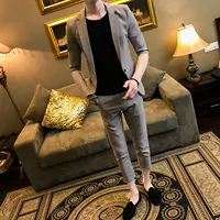 Mùa hè 160 ngắn kích thước nhỏ màu rắn phù hợp với tay ngắn phù hợp với nam XS mã S số Slim phù hợp với quần tây hai mảnh - Suit phù hợp blazer nam