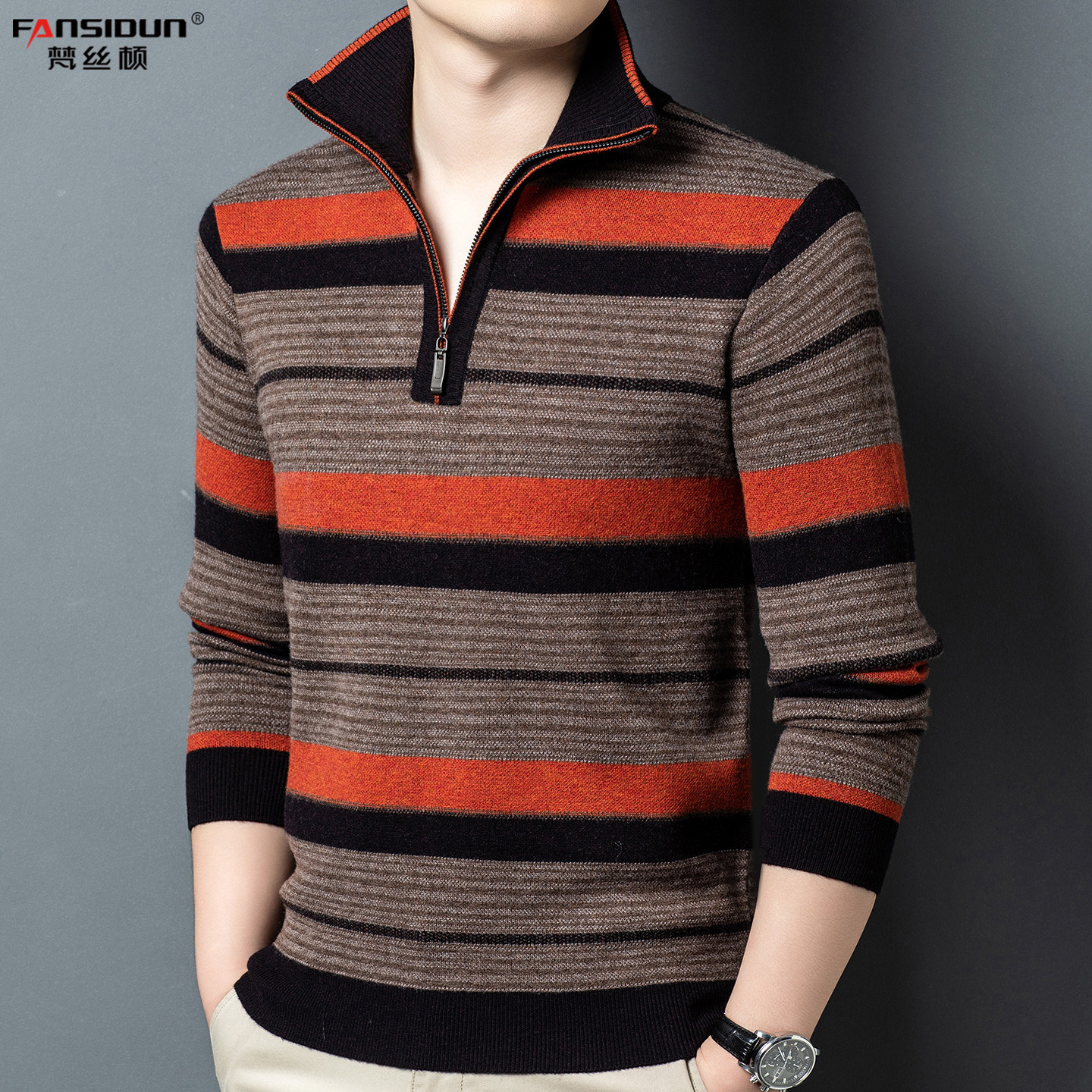 男士纯羊毛衫2025新款中青年提花条纹半拉链可翻高领四平针织毛衣