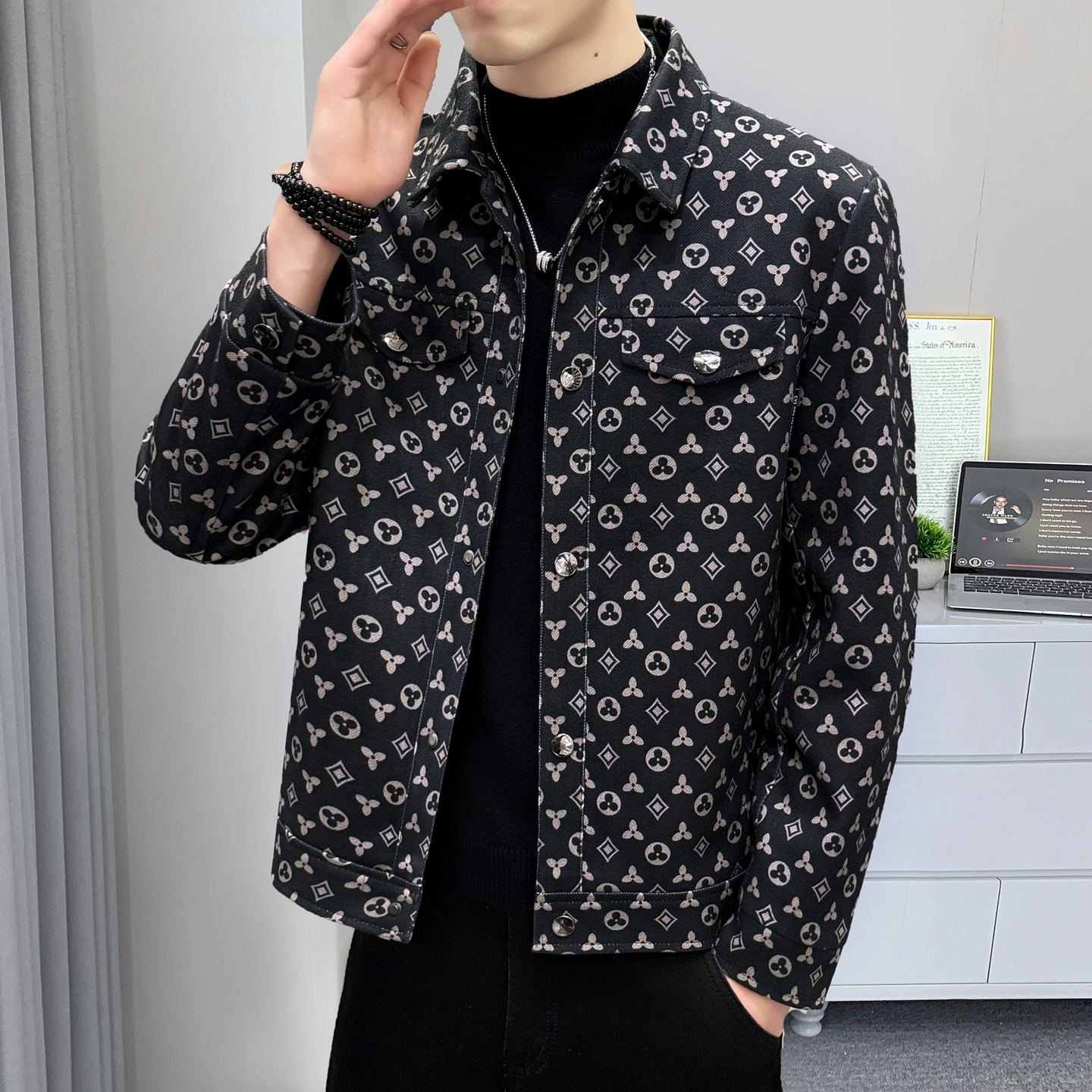 春秋季新款翻领外套男