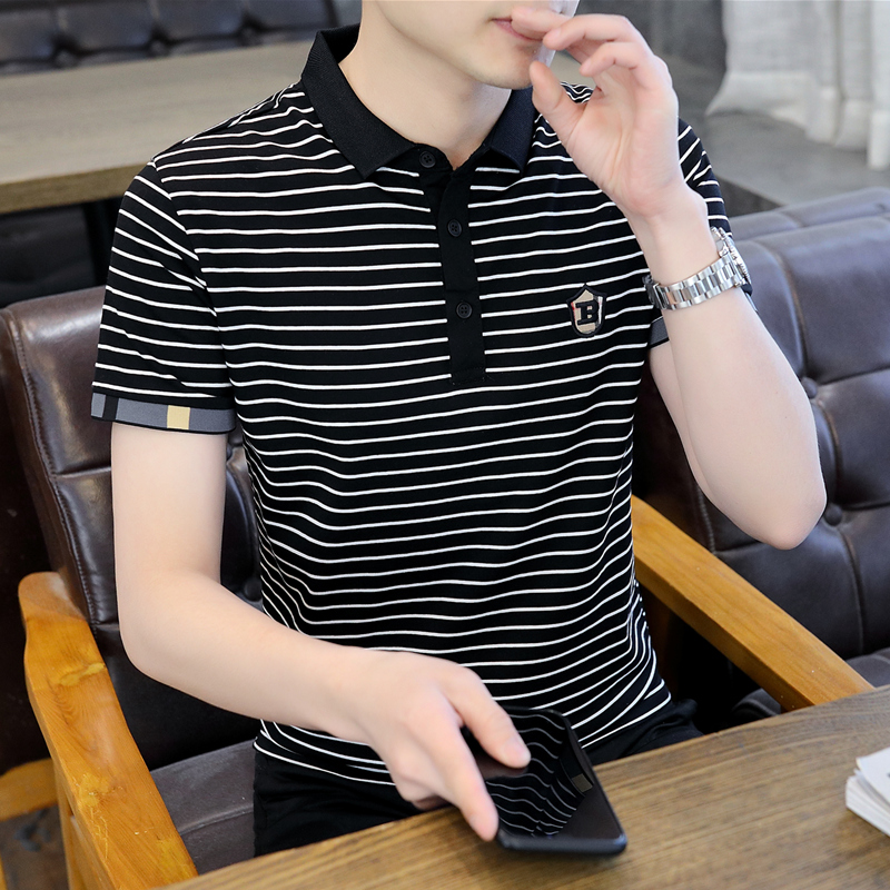 男士短袖t恤2025年新款夏季刺绣条纹衣服翻领polo衫冰丝纯棉男装