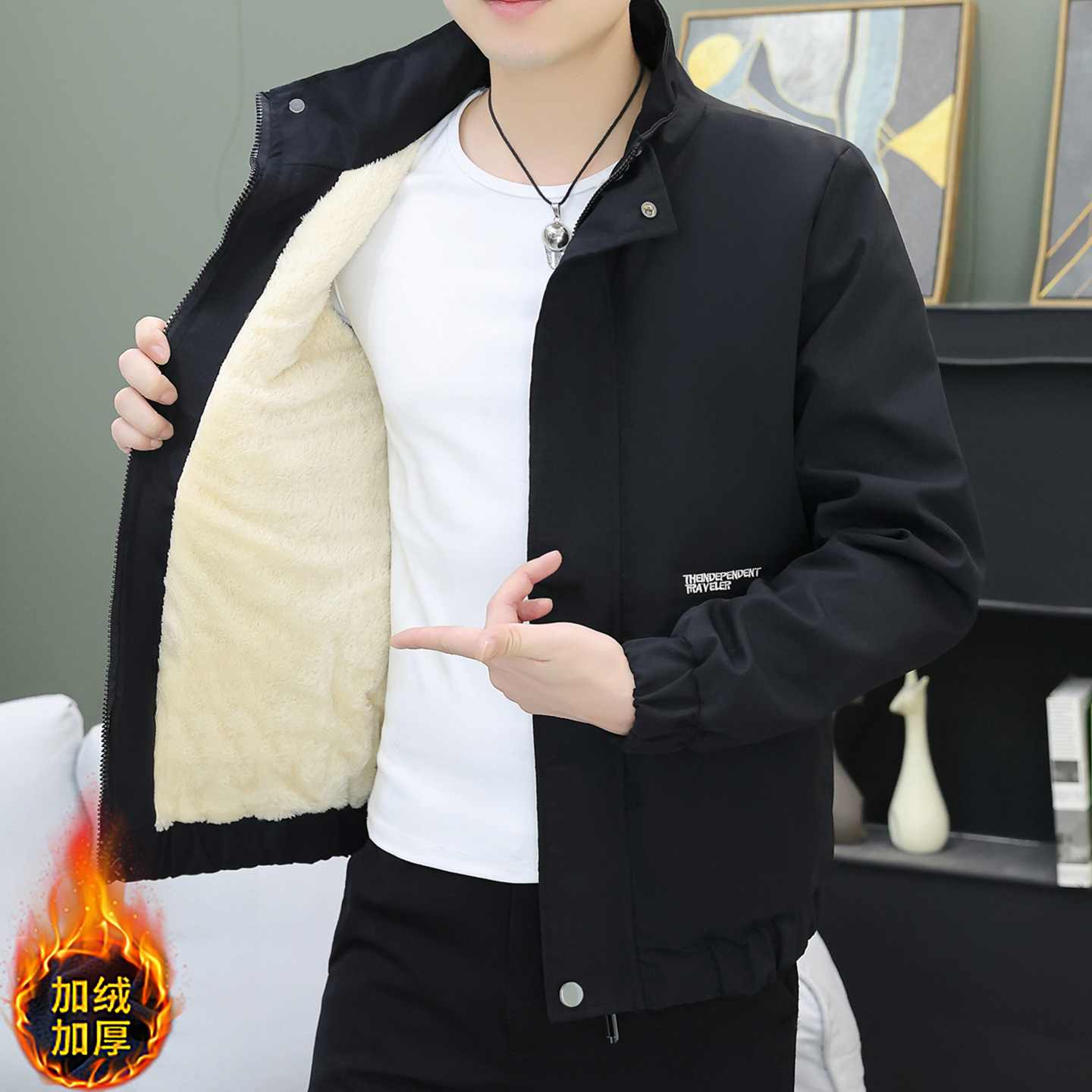 2025年新款秋冬加绒加厚外套韩版修身保暖夹克青年男士帅气棉衣服
