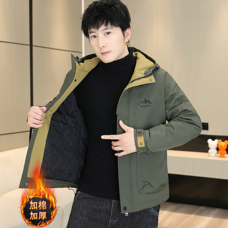 二棉外套男士秋冬款2025年新款连帽夹棉夹克男装冬季加厚保暖衣服