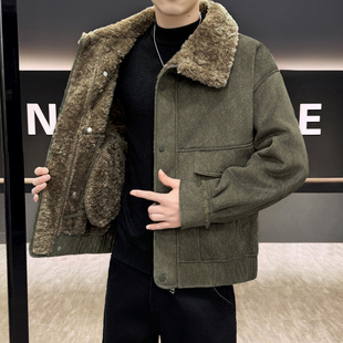 加绒加厚保暖羊羔毛外套 皮毛一体夹克男青年韩版 秋冬季 2025年新款