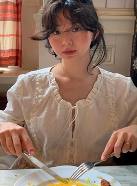 2025秋季新韩国设计f*rven小众气质纯色花边蕾丝系带衬衫上衣女