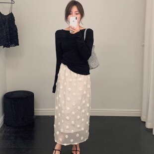 韩国东大门proj view秋季 重工立体花朵长款 网纱显瘦半身裙女
