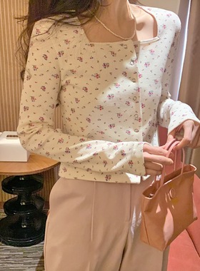 现货 韩系碎花方领短款针织衫女2025秋季修身显瘦小众设计感上衣