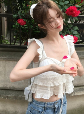 现货 夏季新款韩国th*Barn*et纯色飞飞袖荷叶边系带吊带背心女
