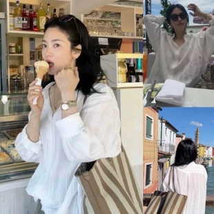 宋慧乔同款mi*a宽松显瘦白色长袖衬衣慵懒气质纯棉薄衬衫防晒衣