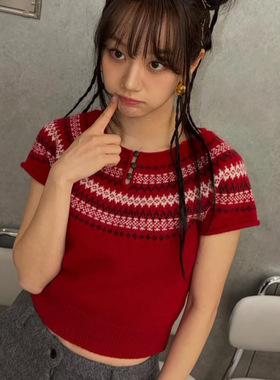 春新款韩国th*Barn*et 100羊毛圣诞费尔岛针织短袖上衣毛衣女