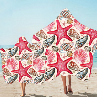 海洋印花连帽穿戴浴巾沙滩巾斗篷换衣毛巾海星水母系列连帽披衣33