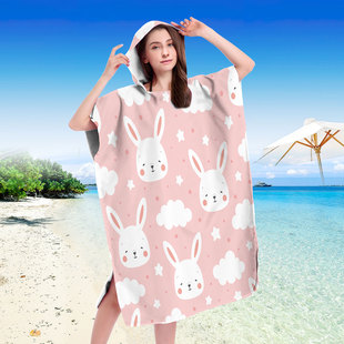 连帽穿戴浴巾沙滩巾斗篷海边度假换衣毛巾兔子印花亲子连帽浴巾1