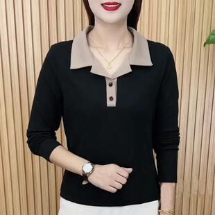 【芭拉婷】打底女体恤遮肉长袖polo外穿恤带领妈妈衫春秋上衣小衫