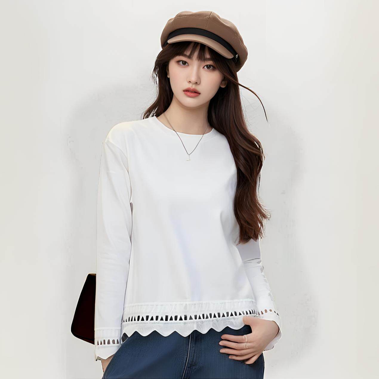 40支92棉蕾丝拼接镂空长袖t恤女2026春季宽松时尚小众设计感上衣