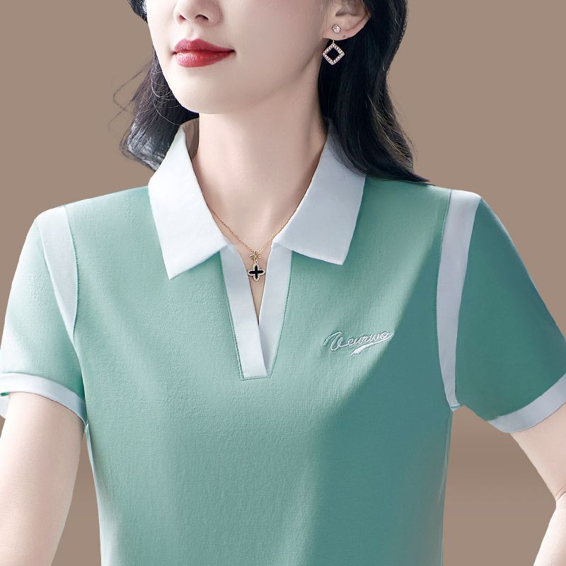 时尚短袖POLO撞色夏季2025洋气装百搭衫女士上衣妈妈T恤新款拼接