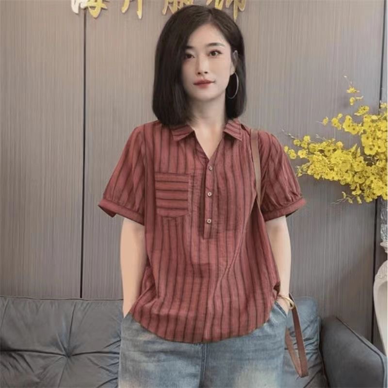 短袖t恤小衫上衣女2025夏季新款宽松大码妈妈装显瘦条纹衬衫女装