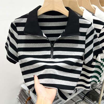 【95棉5氨纶】条纹新款POLO领T恤短袖拉链设计别致气质洋气上衣T