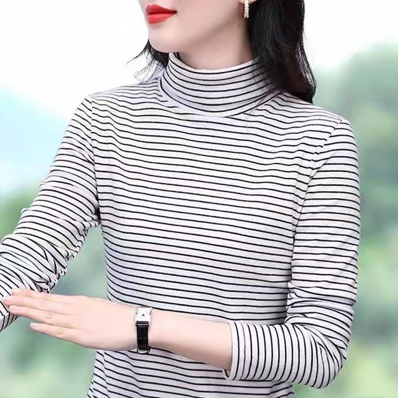 德绒条纹打底衫女冬季装半高领长袖t恤秋冬内搭宽松上衣中年妈妈