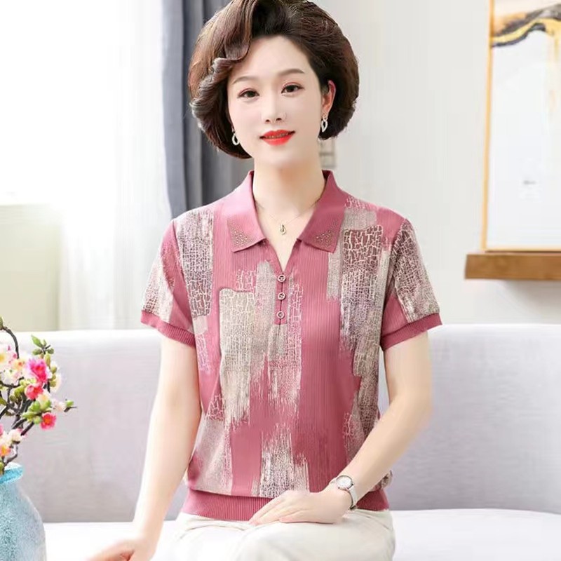 【芭拉婷】中年妈妈夏装短袖t恤女洋气小衫中老年减龄妇女大码冰