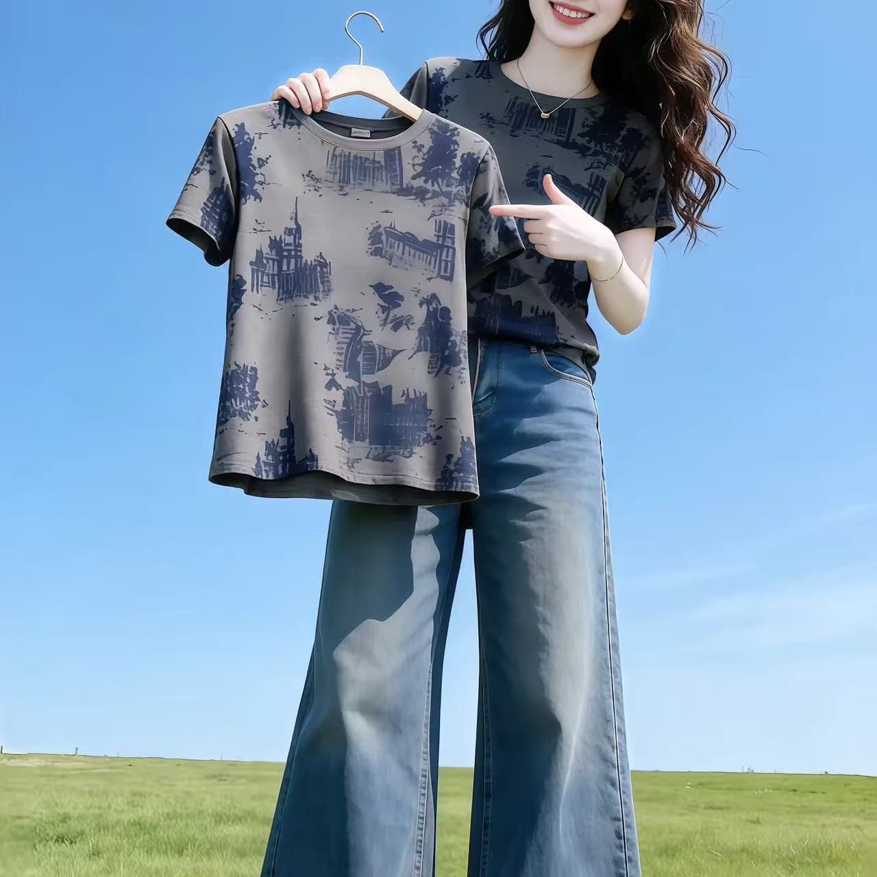 夏季新款圆领短袖正肩上衣女复古印花时尚百搭设计感新款网红T恤