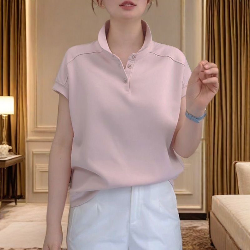 蝙蝠袖T恤女士拼接品质妈妈翻领短袖夏季新款polo领休闲上衣大码