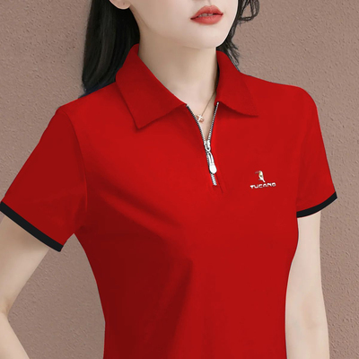 翻领半拉链POLO衫短袖t恤女士夏季2025新款中年休闲大码宽松上衣