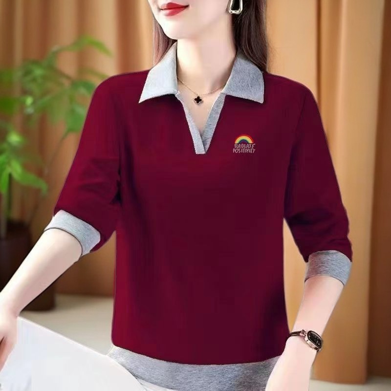 【芭拉婷】100%品质妈妈翻领长袖t恤女秋季新款POLO中年人运动休