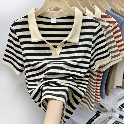 【95棉5氨纶】新款拼接薄款上衣夏季POLO短袖夏季条纹翻领T恤衫女