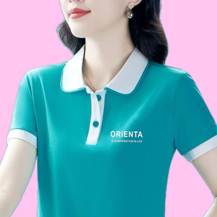 短袖t恤女夏季新款100%品质妈妈翻领polo中年人运动休闲上衣大码