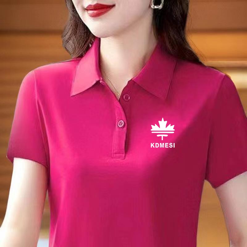 【芭拉婷】100%T恤女短袖中年妈妈装翻领POLO衫修身显瘦大码印花