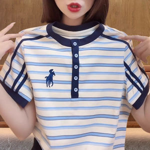 【芭拉婷家】短袖小衫条纹翻领恤新款百搭体恤女纽扣t时尚妈妈大