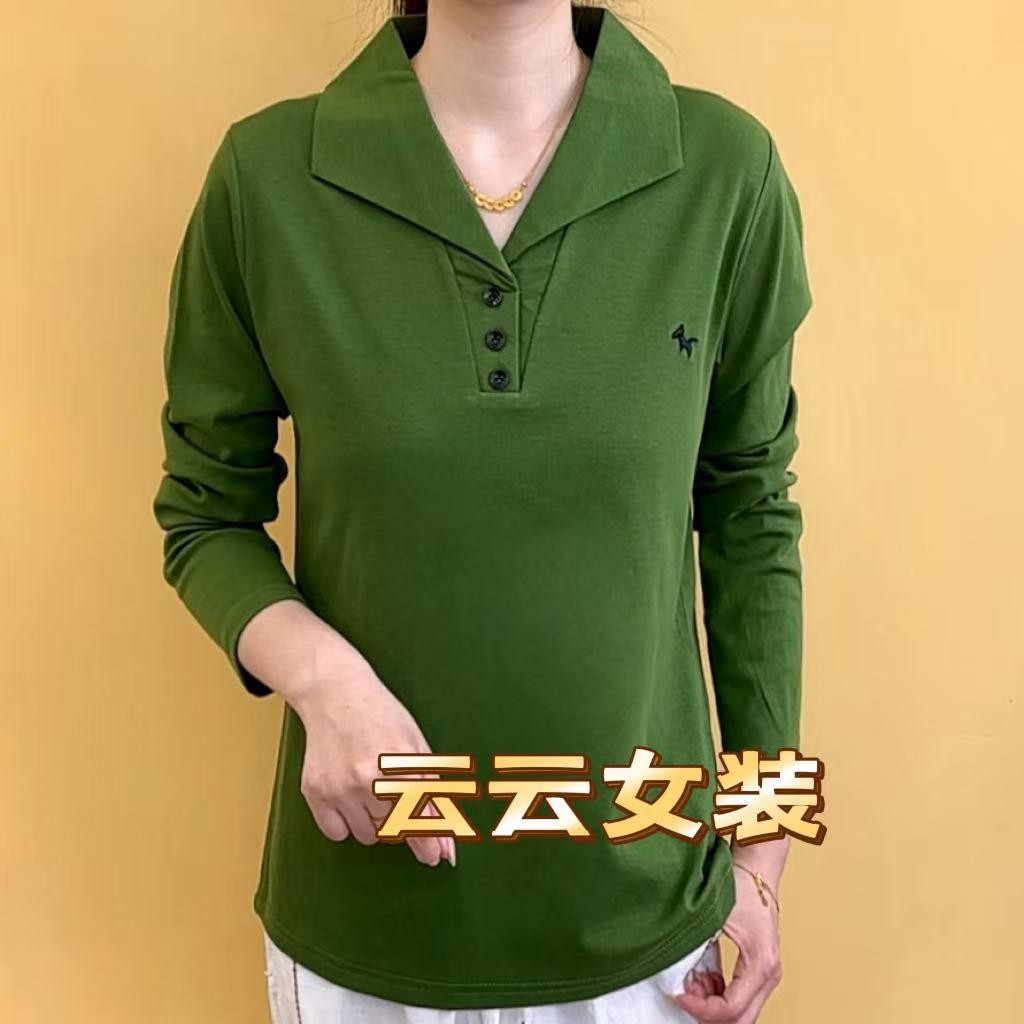 女士t恤长袖打底衫中年妈妈翻领polo衫大码显瘦休闲上衣