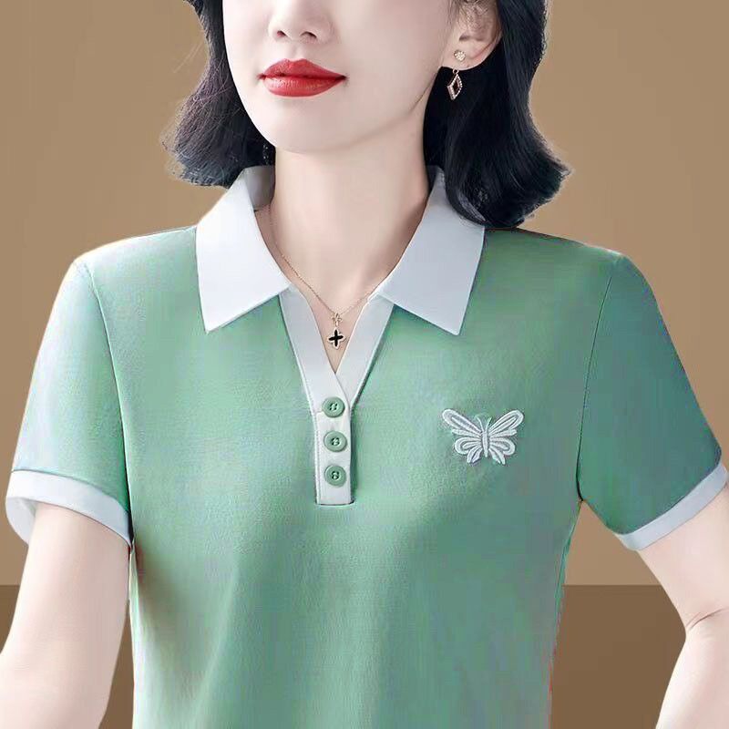夏季新款时尚polo领翻领中老年妈妈装短袖大码女装休闲T恤上衣潮