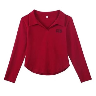 翻领2025衫 设计弧形短款 小个子感长袖 T恤衫 下摆瘦百搭显 POLO新款