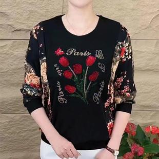 中年印花冰丝穿宽松镶爆款 钻中式 2025衫 打底网红新上衣 芭拉婷