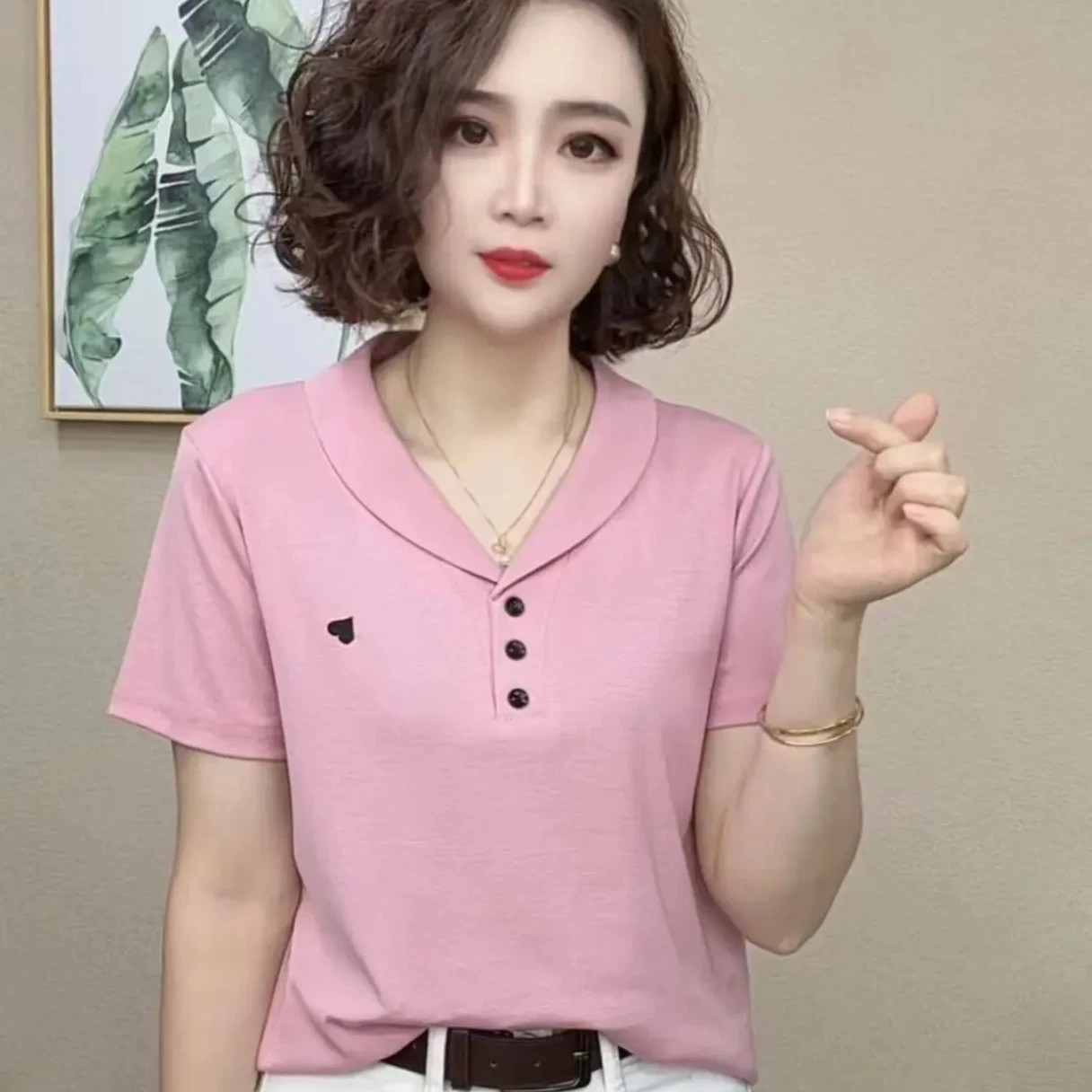 【芭拉婷】女士新款时尚休闲翻领短袖t恤夏款妈妈装薄款显瘦纯色