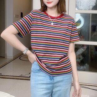 圆领短袖 宽松显瘦女士T恤洋气时尚 上衣 条纹2025撞色正肩新款 夏季