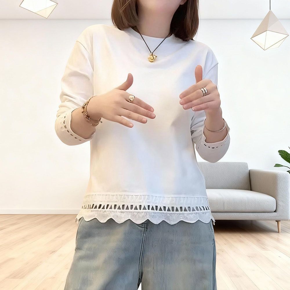 纯棉蕾丝拼接长袖t恤女春季2026新款打底衫洋气减龄独特别致上衣