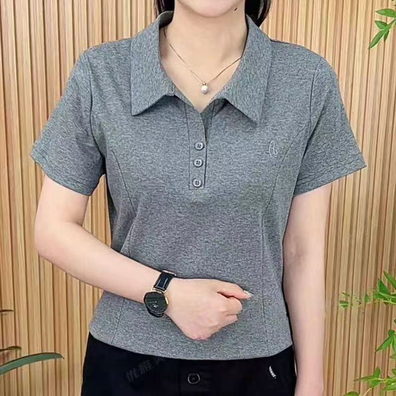 【芭拉婷家】妈妈新款T恤显瘦夏季时尚翻领polo上衣短袖简约衫纯
