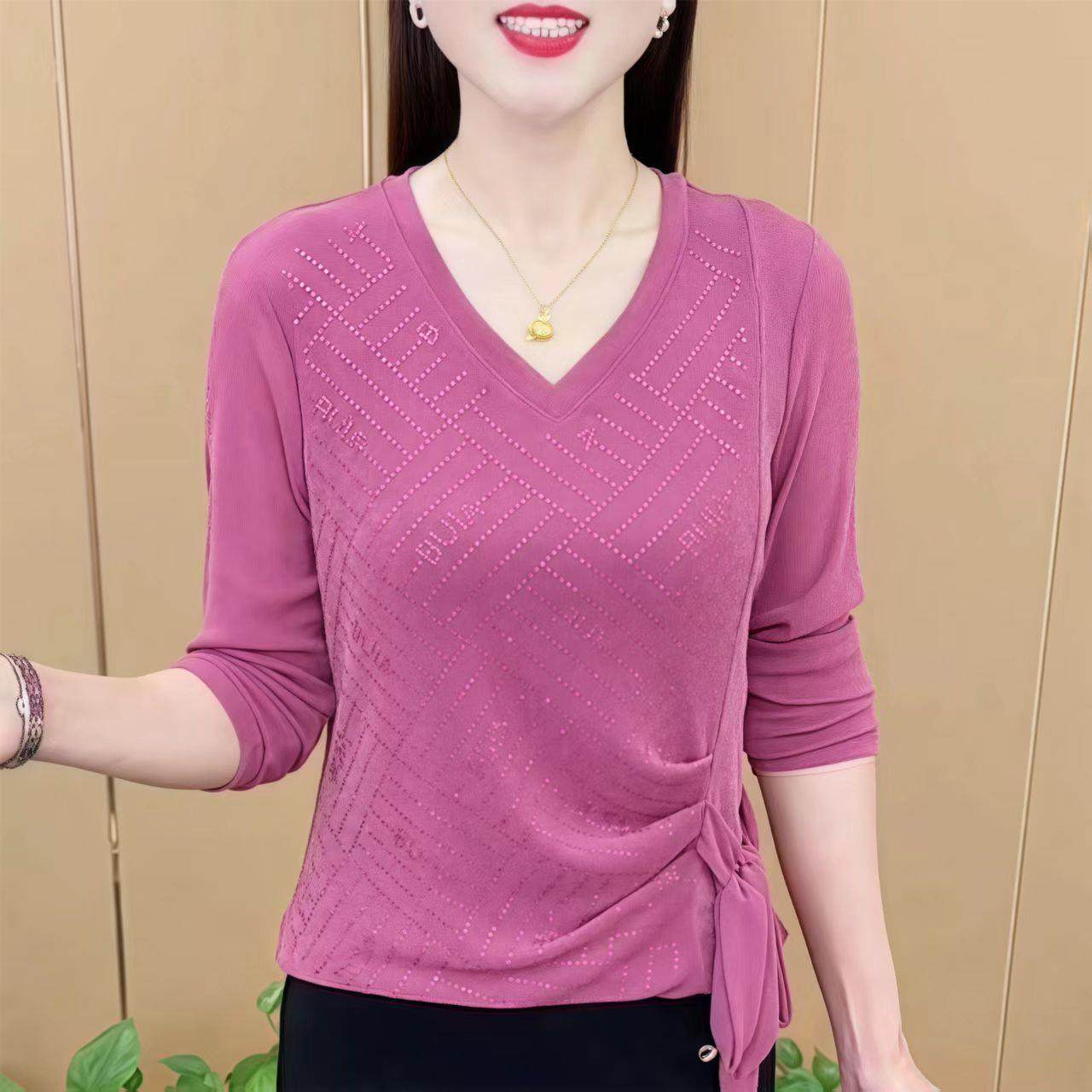 【芭拉婷】小衫弹力装V中袖钻上衣领烫显瘦系带早秋洋气气质妈妈,女装/女士精品,T恤,淘宝优惠券,粉丝福利购,淘宝优惠卷