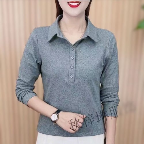 女士翻领春秋季长袖t恤纽扣大码宽松体恤妈妈女装显瘦polo衫上衣